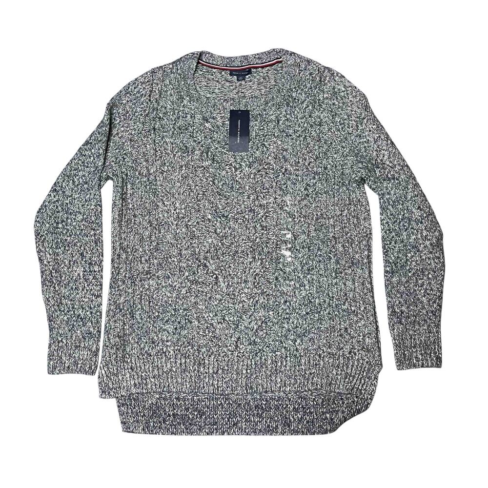 NWT Men's Tommy Hilfiger Heathered Cable Knit Sweater Gray Cotton Blend Size L